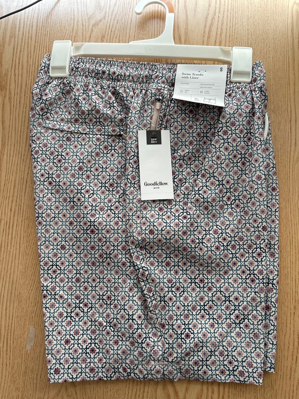 New Men Goodfellow & Co Tile Print Swim Trunks w/Liner 7" Inseam Tan Khaki Small